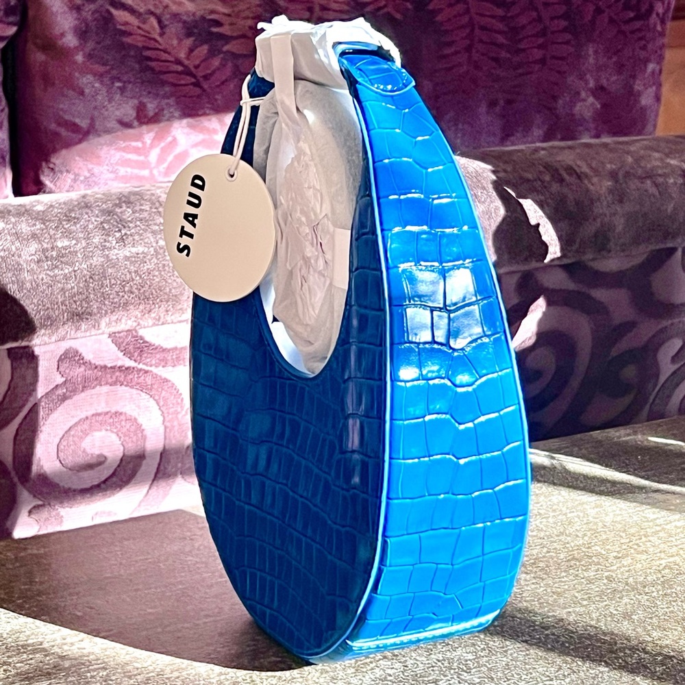 🌺🎉2XHP🎉🌺 NWT Staud Mini Moon Crocodile Embossed Bag Island Blue - Picture 4 of 16